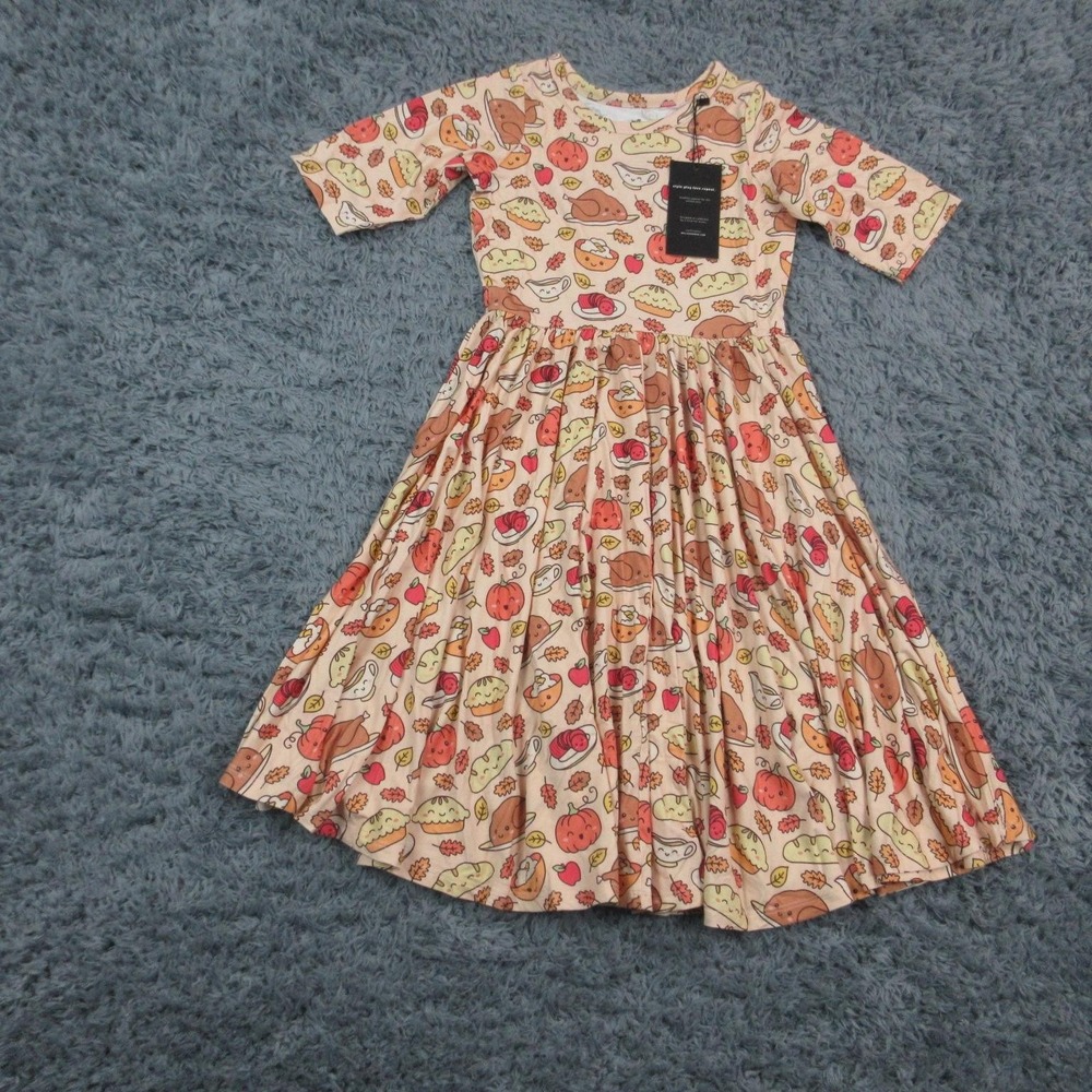 Millie + Roo Dress Girls 9/10 Beige Thanksgiving Food Print 3/4 Sleeve Twirl NWT